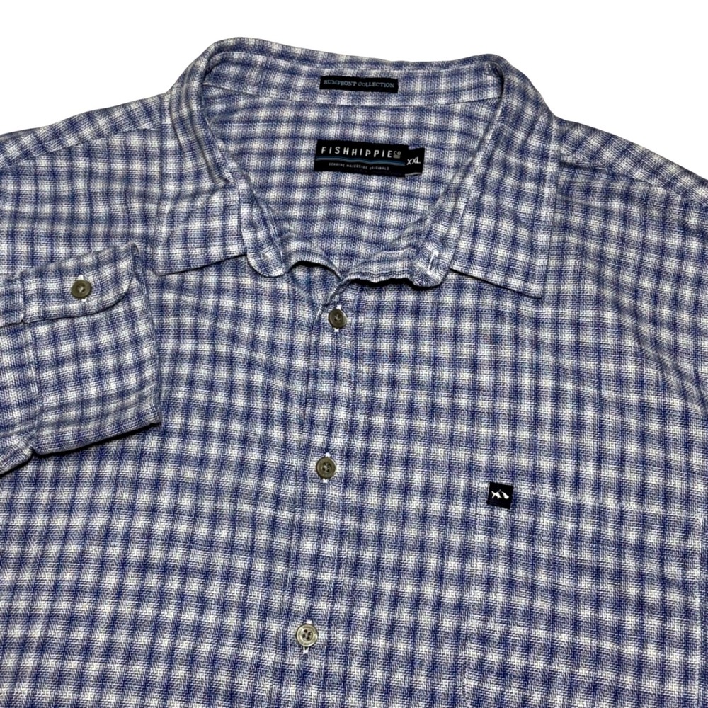 Fish Hippie Co Button Down Men XXL Blue Gingham Hemp Blend Rumfront Shirt Casual